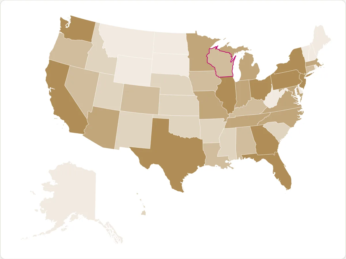 Map of the United States shaded by payer covered-lives concentration, with Wisconsin highlighted